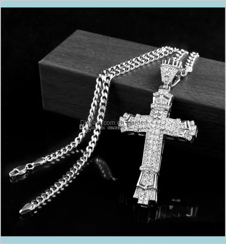 Rétro Argent Charme Plein Ice Out Cz Diamants Simulés Collier Crucifix Catholique Avec Longue Chaîne Cubaine 4Ljdh Colliers Xjl3J8164133
