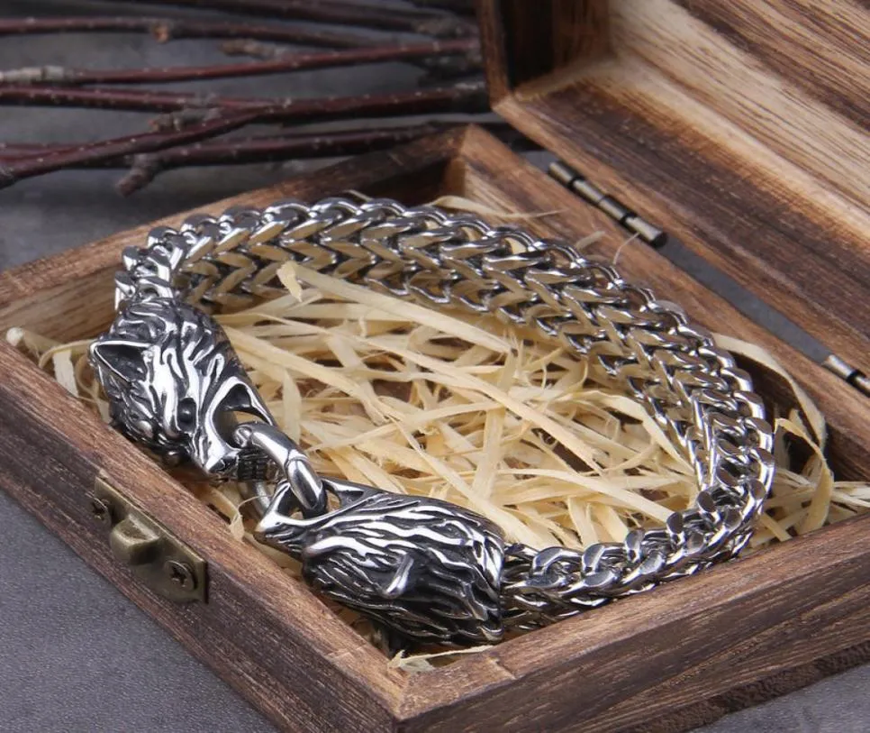 Never Fade Rock Viking Wolf Charm Bracelet Men039s Stainless Steel Mesh Chain Gold Wolf Punk Bracelets Biker Jewelry 2207135492684