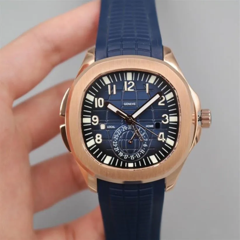 2022 5164 GMT Temps de voyage automatique Montre pour homme Or rose Bleu Cadran texturé Numéro de bâton Marqueurs Bracelet en caoutchouc 5 styles Montres Pur279W