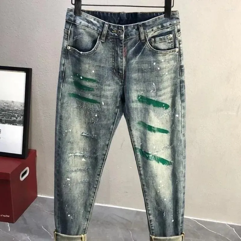 Heren Jeans Gescheurd Gebroken Man Cowboybroek Met Gaten Broek Stretch Print Elastisch Taps toelopend Gescheurde Kleding Y2k Jaren 2000 Katoen Kpop