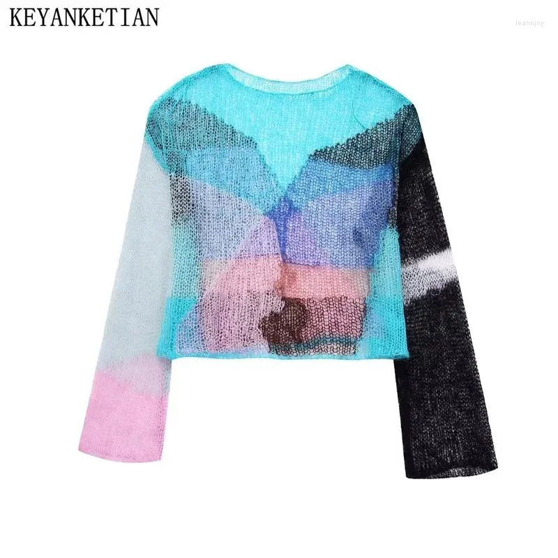 Women's Sweaters KEYANKETIAN Autumn Color Matching Thin Knitwear Holiday Wind Soft Texture Crew-Neck Long-Sleeved Pullover Sweater