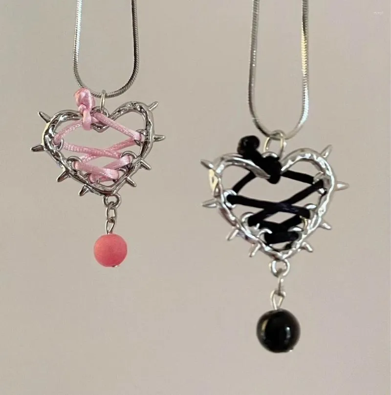 Hanger Kettingen Harajuku Meisjes Zoete Cool Hollow Doornen Liefde Hart Ketting Roze Touw Lint Y2k Voor Vrouwen Trendy Sieraden