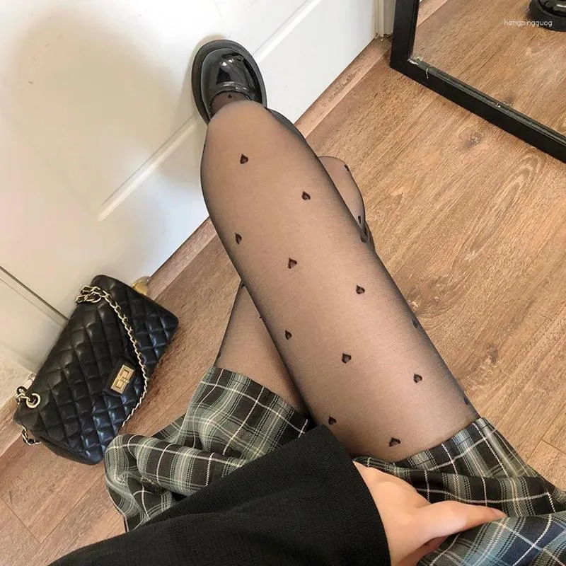 Femmes chaussettes sexy résille maille bonneterie collants sans couture filet serré nylon imprimé bas noeud papillon en soie noir à pois mince amour imprimé