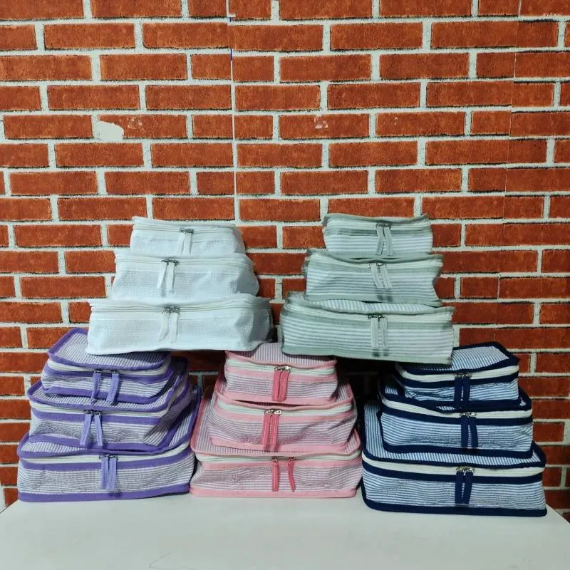 Cosmetic Bags 3pcs Set Navy Font Stacking Trio Seersucker Packing Cube Bag Striped Storage Holder Make Up With Zipper