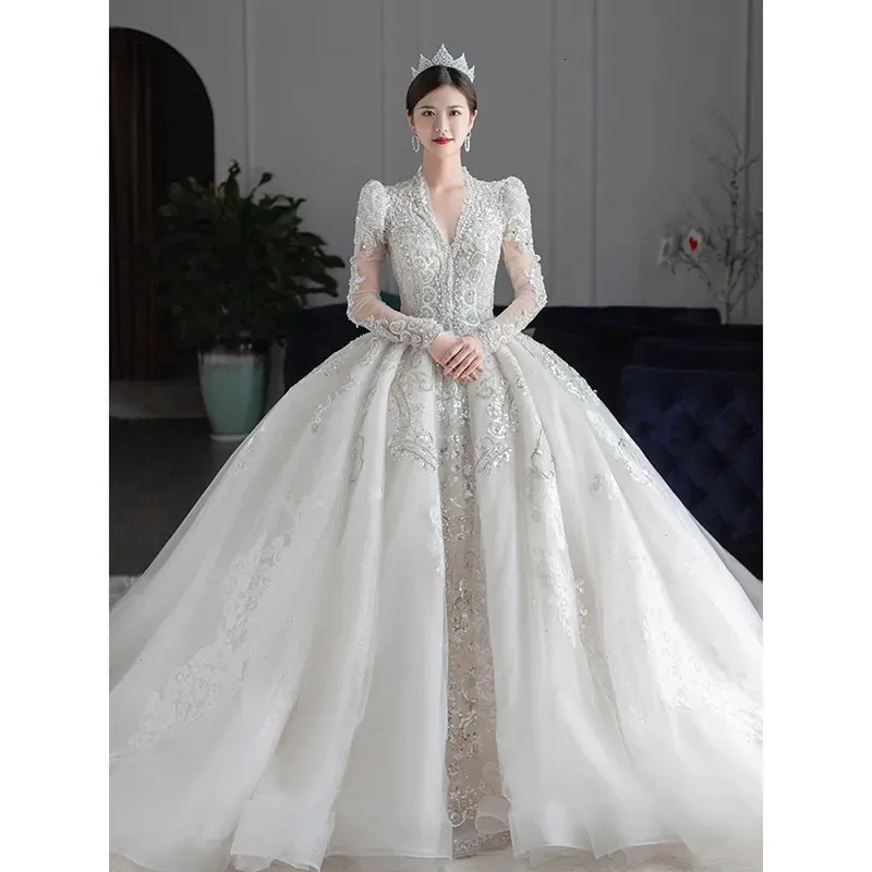 Städtische Sexy Kleider Langarm Winter Hochzeit Kleid 2023 V-ausschnitt Luxus Perlen Prinzen Kleid Vestido De Noiva 231213