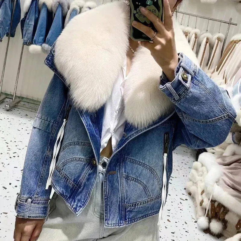 Frauen Pelz Faux 2023 Winter Unten Frauen Jacken Echt Mantel Mode Natürlichen Kragen Abnehmbare Denim Weiße Gans Innen Liner streetwear 231213