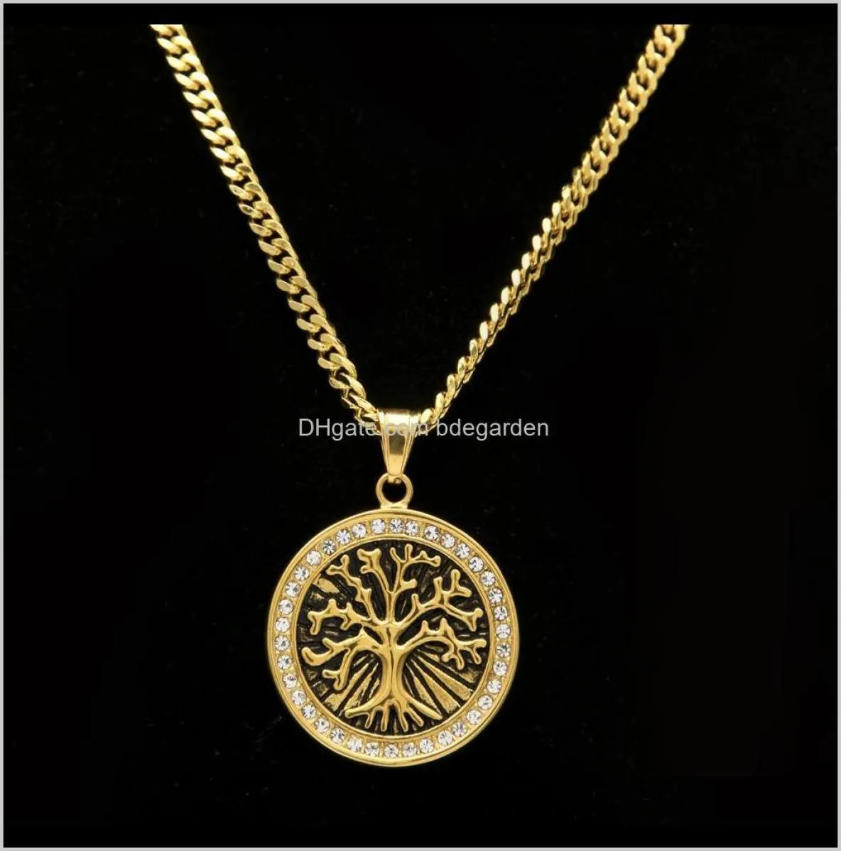 Necklaces Retro Tree Of Life Iced Out Cz Crystal Gold Plated Pendant Stainless Steel With 5Mm 27Inch Cuba Chain Necklace Fashion J9690132