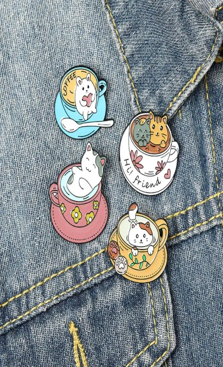 20 teile/los Nette Cartoon Kaffee Katze Broschen Legierung Emaille Kragen Blumen Pins Freund Frauen Männer Tasse Design Brosche Schmuck Accessories5099185