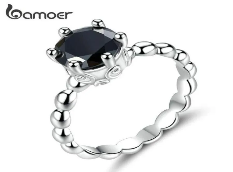 Pierścienie klastrowe Bamoer Trendy klasyczny srebrny minimalistyczny pazurowy pazur koralikowy czarny pierścionek z biżuterią ślubną dla jej brokatu Fine 25798417