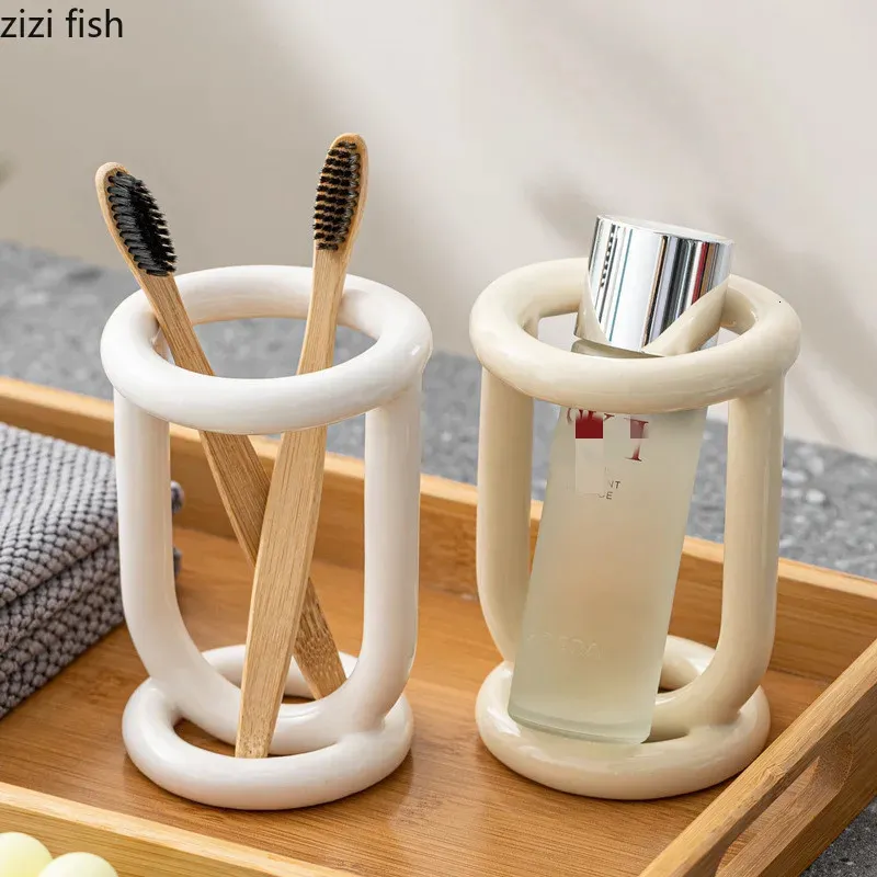 Ceramic Toothbrush Holder Bathroom Shelf Organizer For Toothpaste And ...