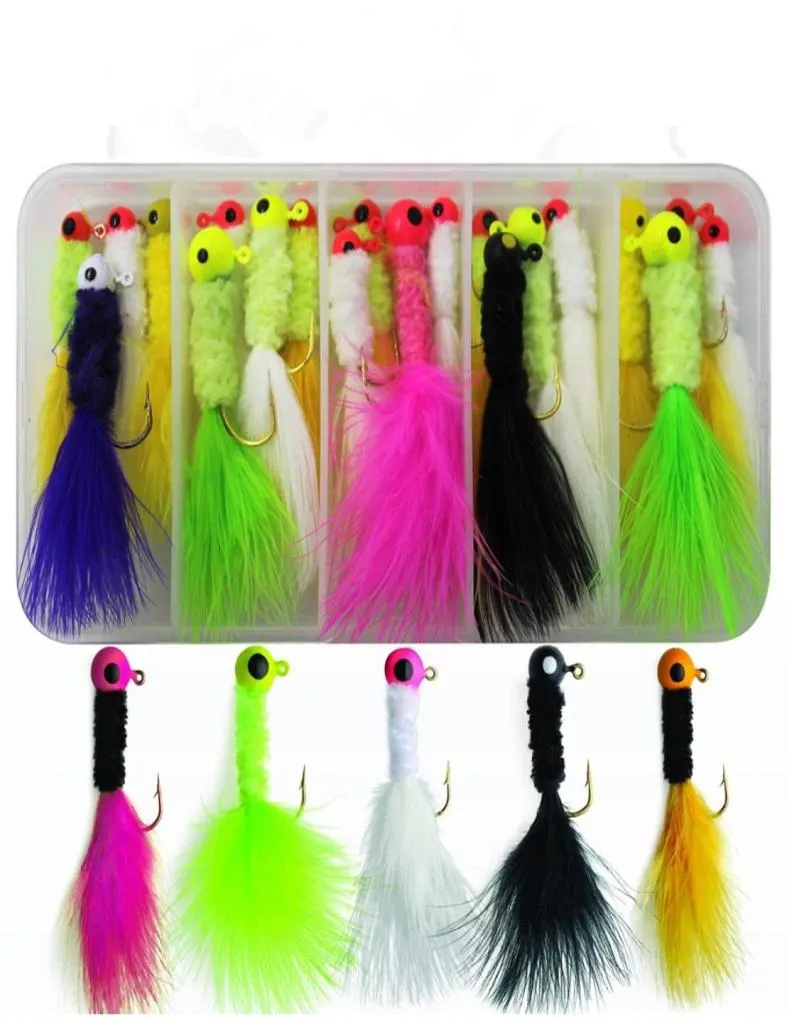 Crappie Jigs olika färger Lead Head Hook med Marabou Chenille för Bass Pike Walleye Fishing Jig med Feather2305792