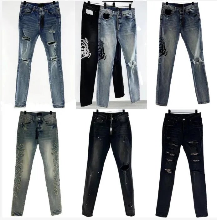 Herr lila jeans designers jean hombre byxor män broderi lapptäcke rippade märke motorcykel byxa mens mager rippad för trend vintage byxa