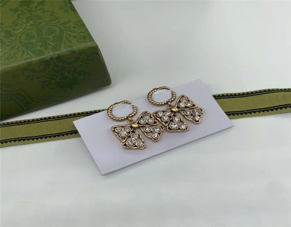 Chic Bow Diamond Charm Earrings Rhinestone Double Letter Designer Earndrops With Stamps Women Pendant Studs Gift Box4865292