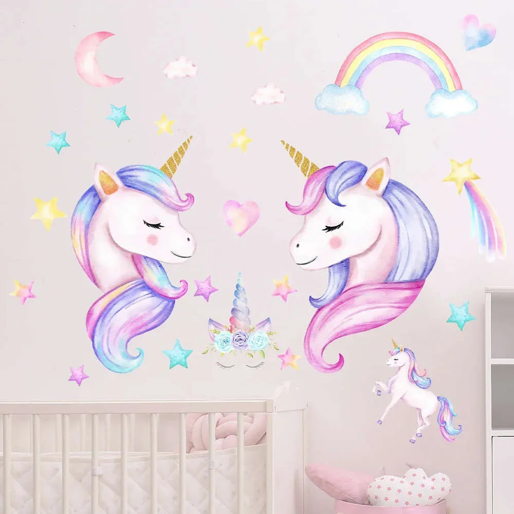 2 adesivi murali simpatico cartone animato unicorno arcobaleno luna stelle per camera dei bambini camera da letto scuola materna decorazione della casa adesivi murali