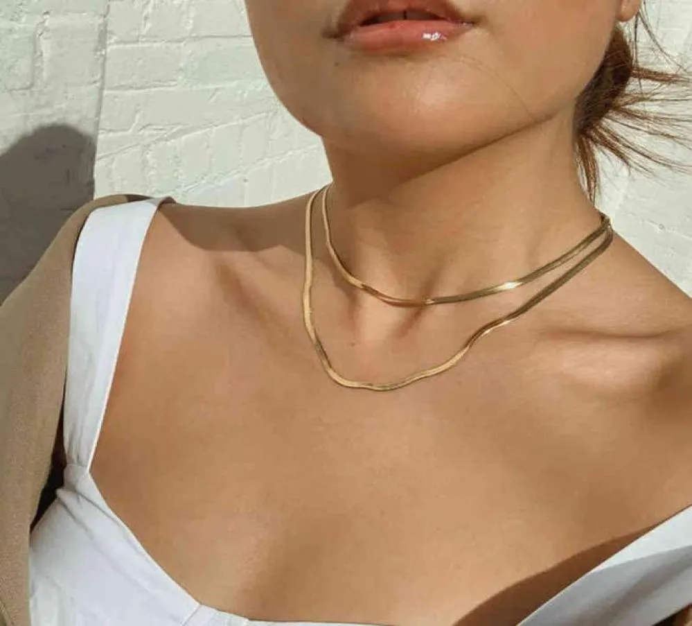Charm Women Chain Choker Necklace Stainless Steel Gold Silve Color Flat Herringbone Chokers Link for Girls 4mm Y04202343305