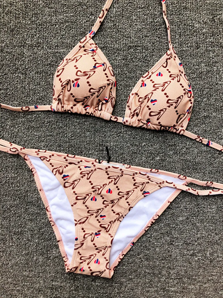 Designer baddräkt kvinnor vintage thong micro täcker kvinnor bikini set badkläder tryckt baddräkter sommarstrand slitage simning p102