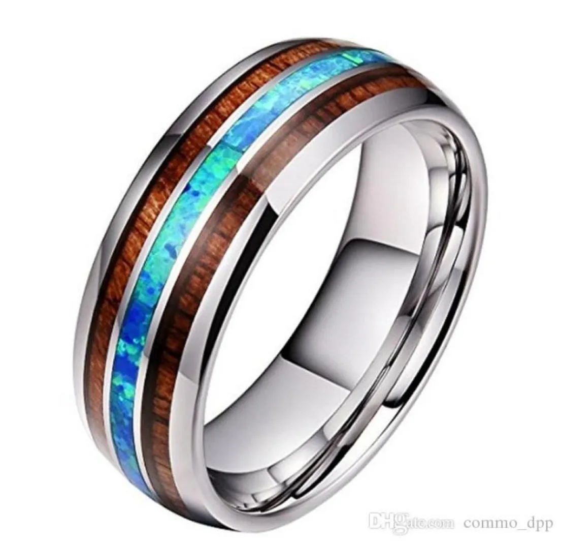 8MM Wide Wood and Blue Opal stainless steel Rings For Men Women Never Fade Wooden Titanium steel finger Ring Fashion Jewelry Gift4148190