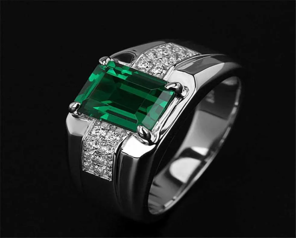 Bague spinelle vert émeraude pour hommes, plaqué platine, diamant carré, à la mode, 8234201