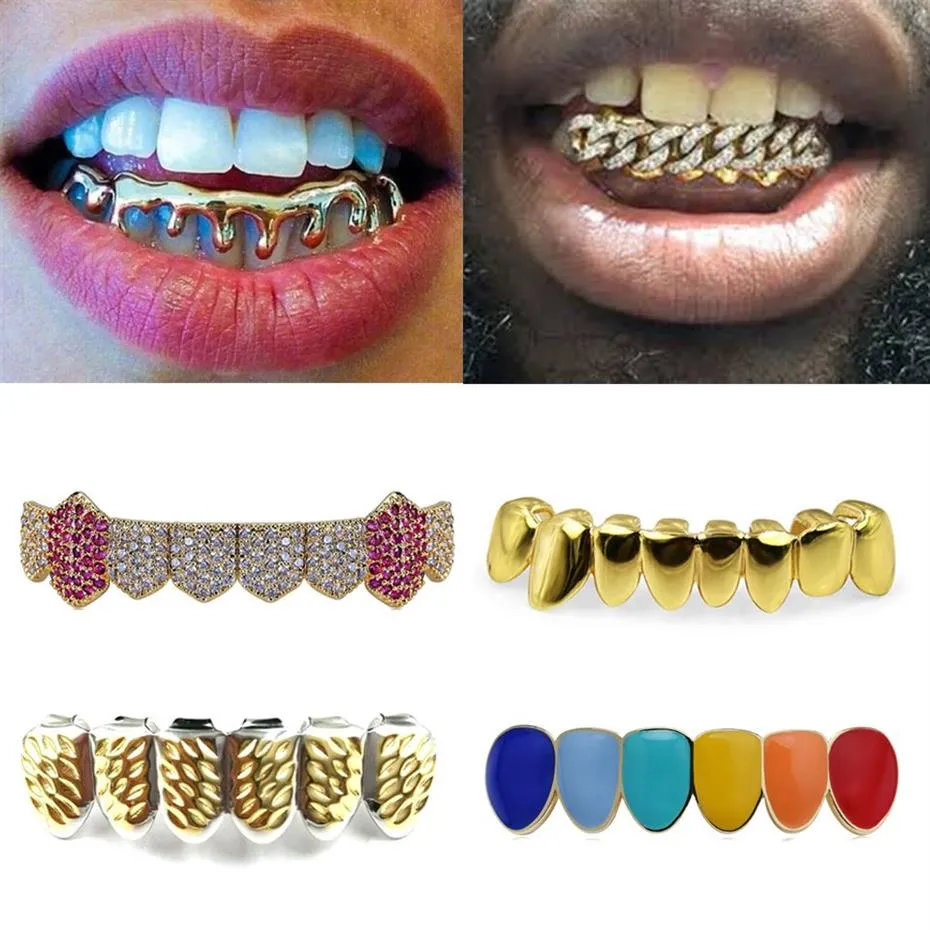 18K gouden tanden beugels punk hiphop veelkleurige diamant aangepaste onderste tanden Grillz tandheelkundige mond Fang Grills tand Cap Vampire Rapper289b