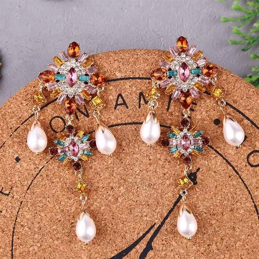 Dangle Kronleuchter Vintage Long Multi Color Statement Strass -Ohrringe für Frauen 2021 Trendy Pearl Crystal Fashion Jewelry270e