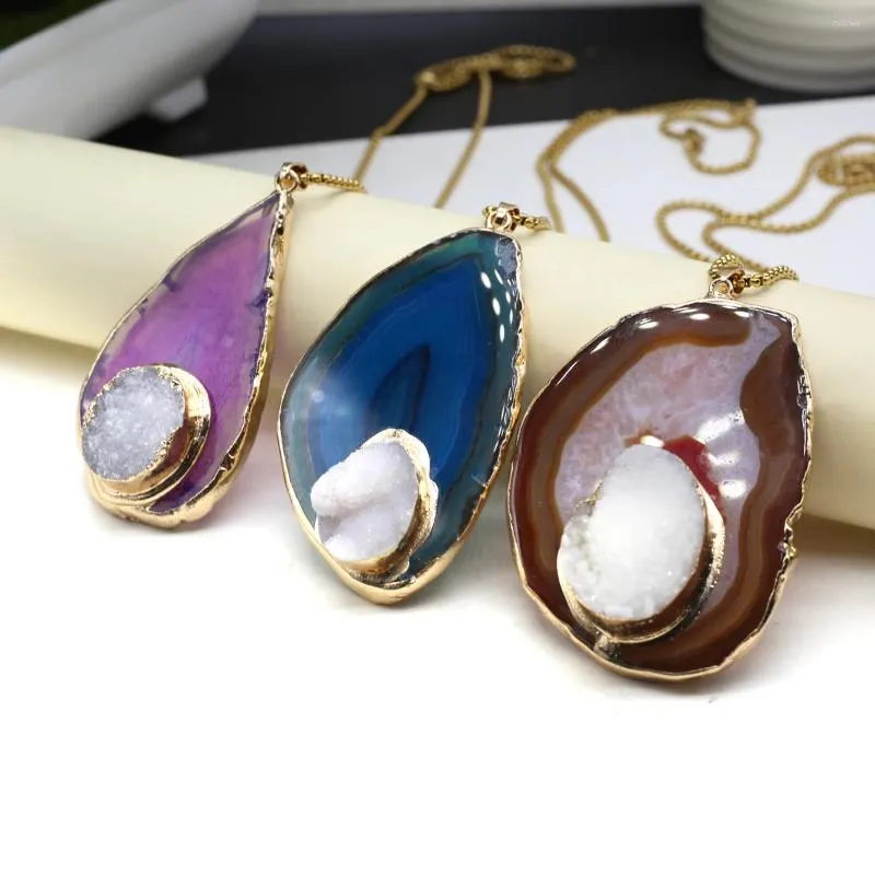 Pendant Necklaces Natural Gem Stone Set With Crystal 45x65mm Healing Jewellery Stainless Steel Necklace 60cm Mens Women