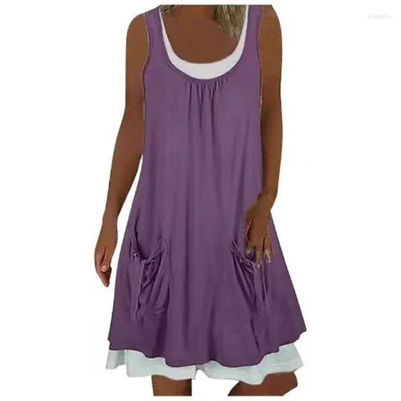 Casual Dresses Plus Size Two Piece Set Women Sleeveless Pockets Dress Summer Solid Bohemian Tank Kvinnlig Loose Beach S-5XL