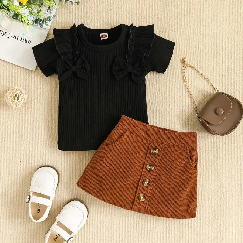 Girl Dresses Toddler Girls Short Sleeve Ribbed Bowknot Ruffles T Shirt Tops Skirt Outfits For School Teen Cute Born