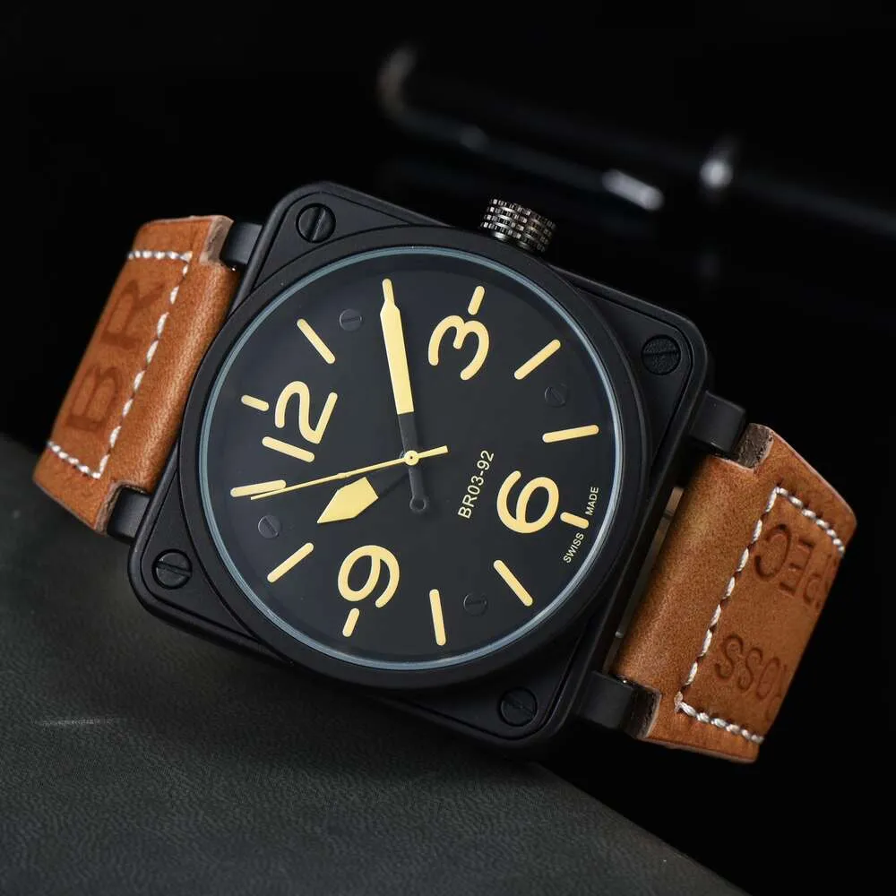 ファッションラグジュアリーデザイナーBr Beller New Mens Brown LeatherWristWatchesMenオートマチック製品マイクロメンズBスクエアピン完全機械テープウォッチ