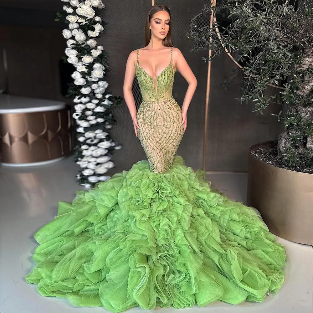 Mermaid prom dress with ruffle train cheap