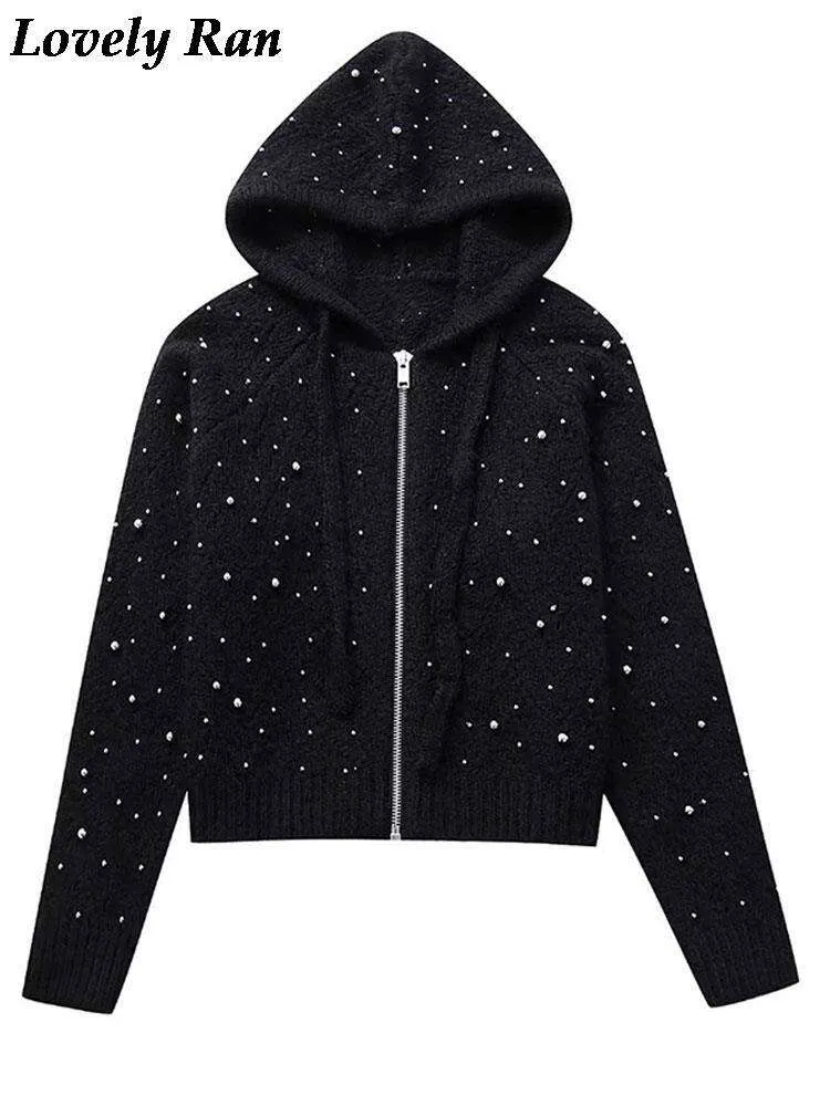 Veste tricotée à capuche et paillettes pour femmes, avec cordon de serrage, mode noire, fermeture éclair, manches longues, Cardigan court, décontracté, chaud, pull en tricot