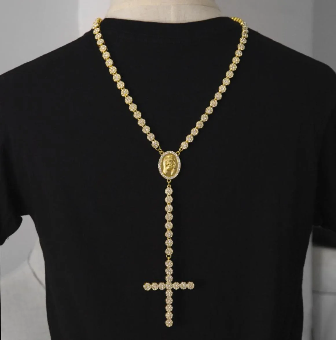 Collana lunga da uomo di lusso in oro argento con strass ghiacciati Volto di Gesù con grande collana con pendente Rosario Gioielli punk9792908