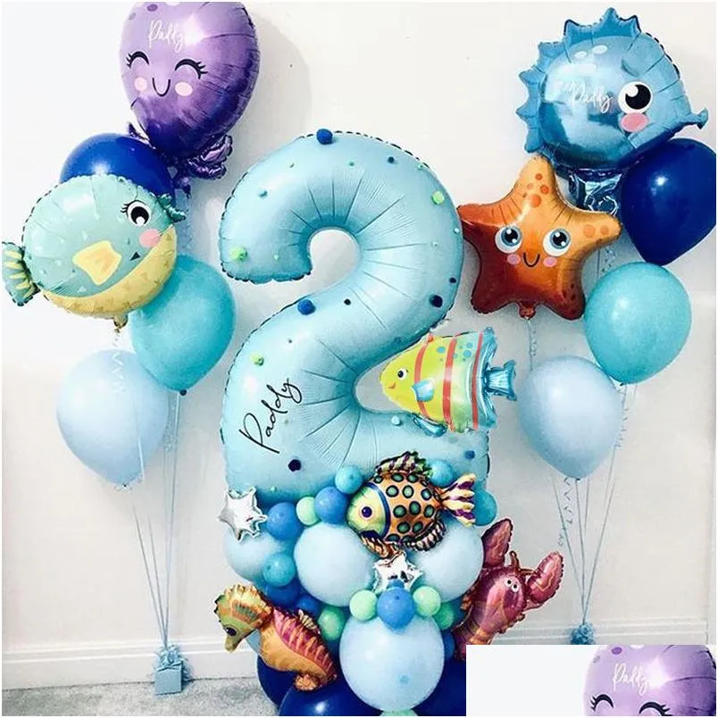 Other Event & Party Supplies Other Event Party Supplies 43Pcs Foil Number Ballons Under Sea Ocean World Animals Balloons Set 1St Boy G Dhv2R