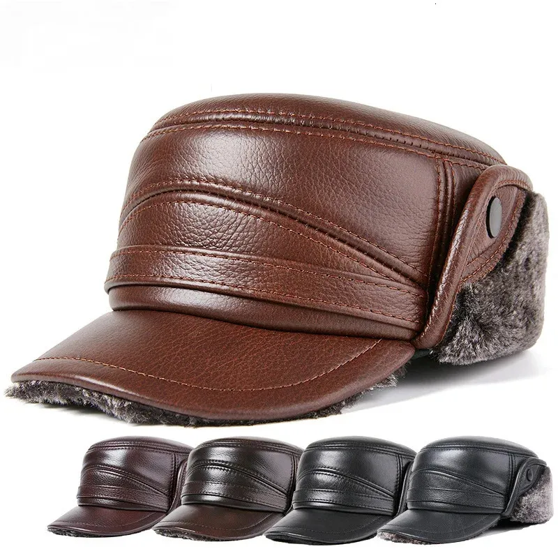 Traper Hats Cowhide oryginalne skórzane mężczyźni zimowa czapka super ciepłe polarowe wiatrowoodporne kapelusz regulowany wojskowy kadet armii płaski top z Earflap 231212