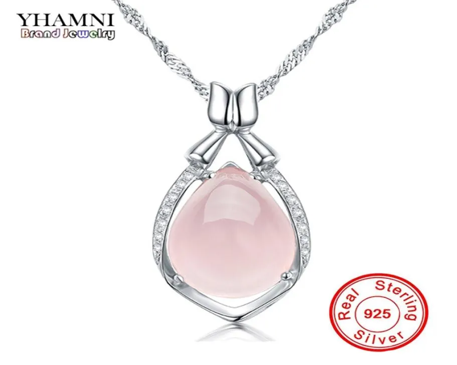 Yhamni Luxury Solid 925 Sterling Silver Pink Gem Crystal Pendant Halsband Natural Stone Water Drop Halsband för kvinnor DZ0566582097