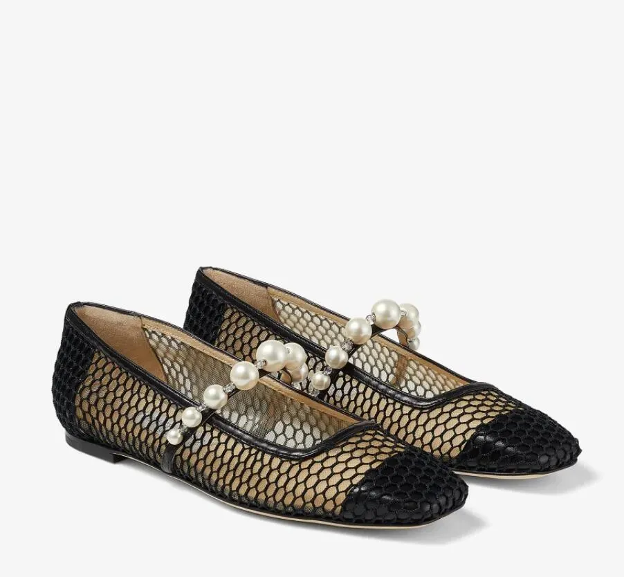 2024 Women loafer shoes Ballet Ade Flat Black Suede Flats with Pearl Embellishment fishnet Mesh and Nappa leather luxury brand designer with box