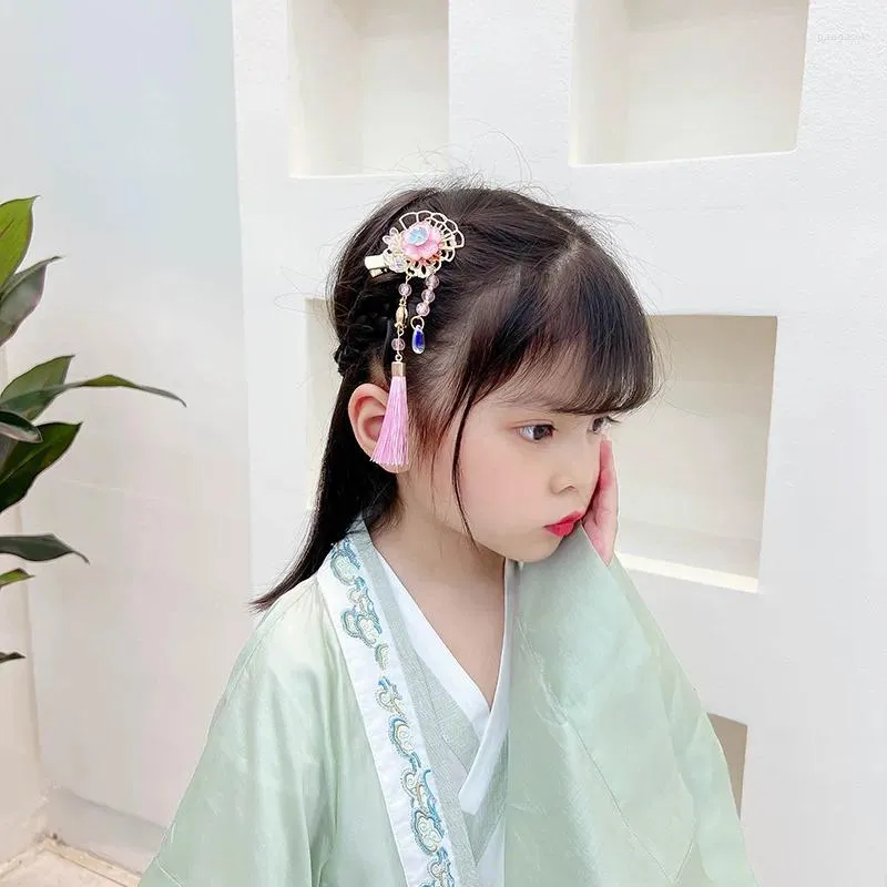 Haarspeldjes Roze Kleur Meisje Clip Vintage Hanfu Bloem Fan Baby Kwastje Vrouwen Haarspeld