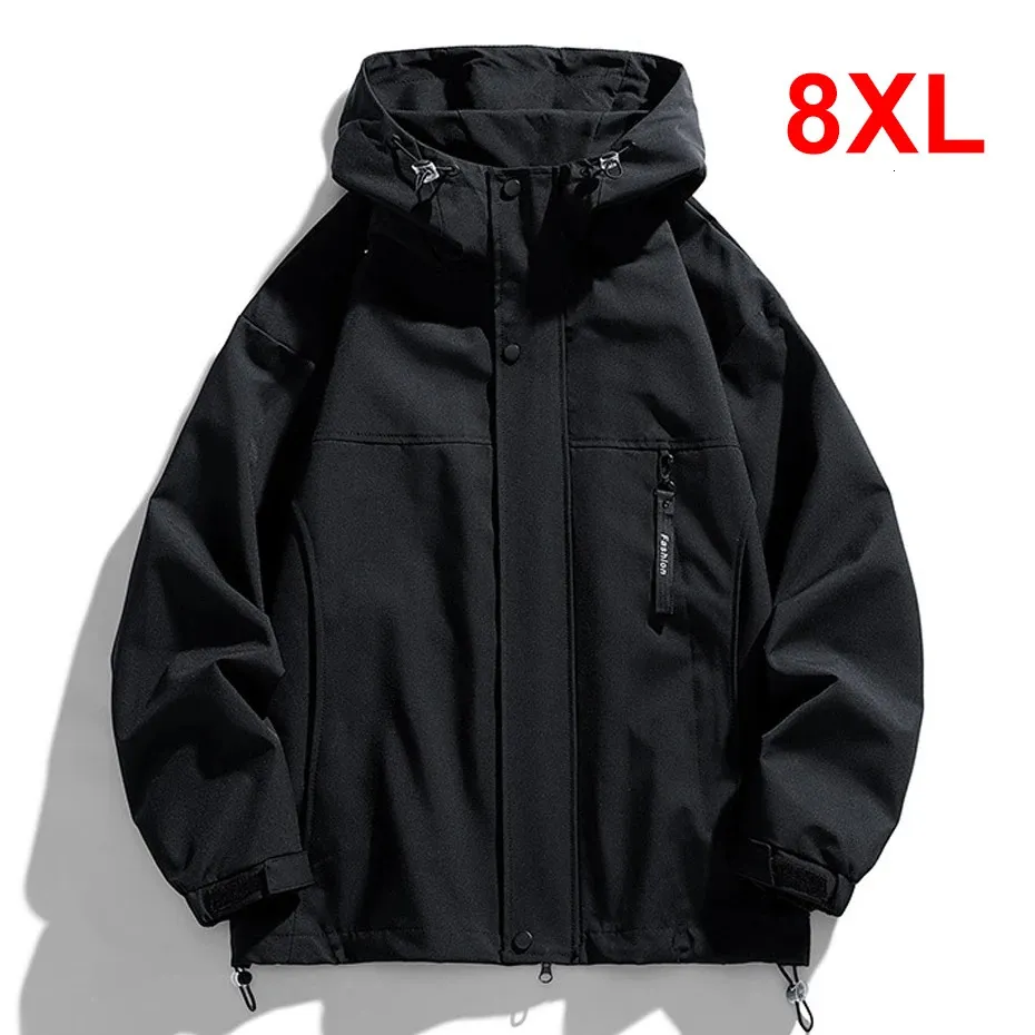 Mensjackor Black Camping Jacket Men Windbreak Coat Plus Size 8xl Fashion Casual Waterproof Male Solid Color Outerwear Big 231212