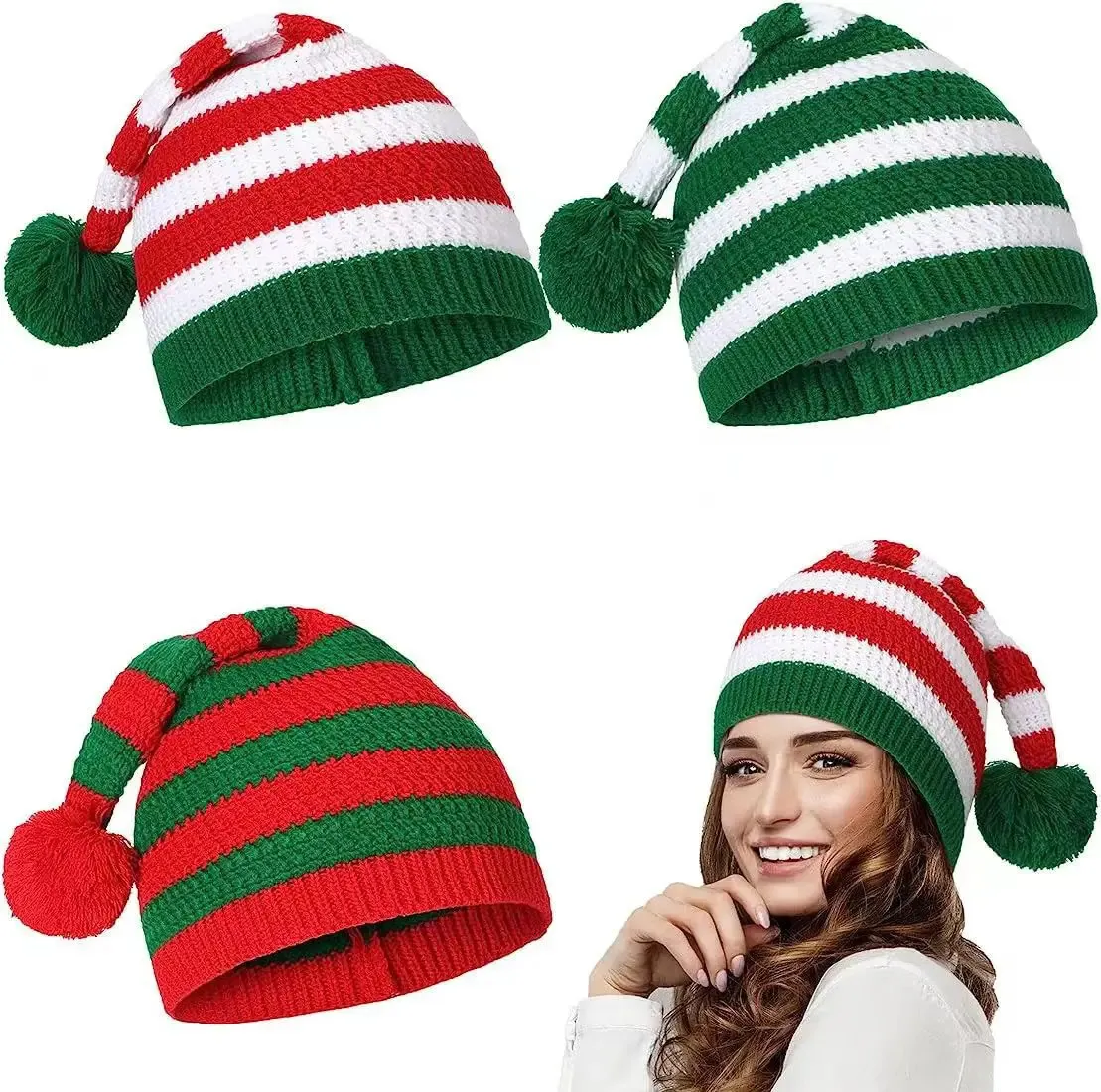 Beanie Skull Caps Christmas Knitted Hat 2023 Pom Striped Santa Claus Kids Adult Beanies Hats Parent Child Year X mas Decoration 231212