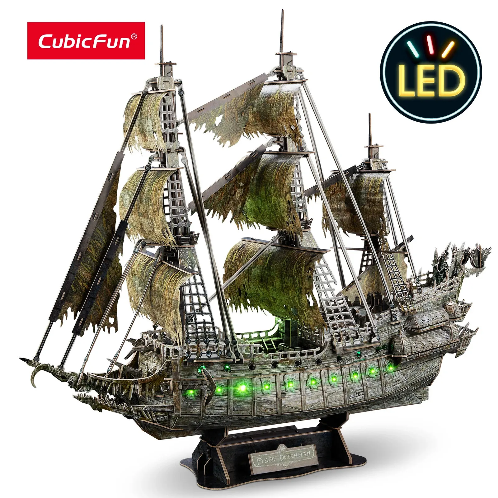 3D Puzzles CubicFun 3D Puzzles Verde LED Flying Dutchman Pirate Ship Modelo 360 Peças Kits Iluminação Building Ghost Sailboat Presentes para Adultos 231212