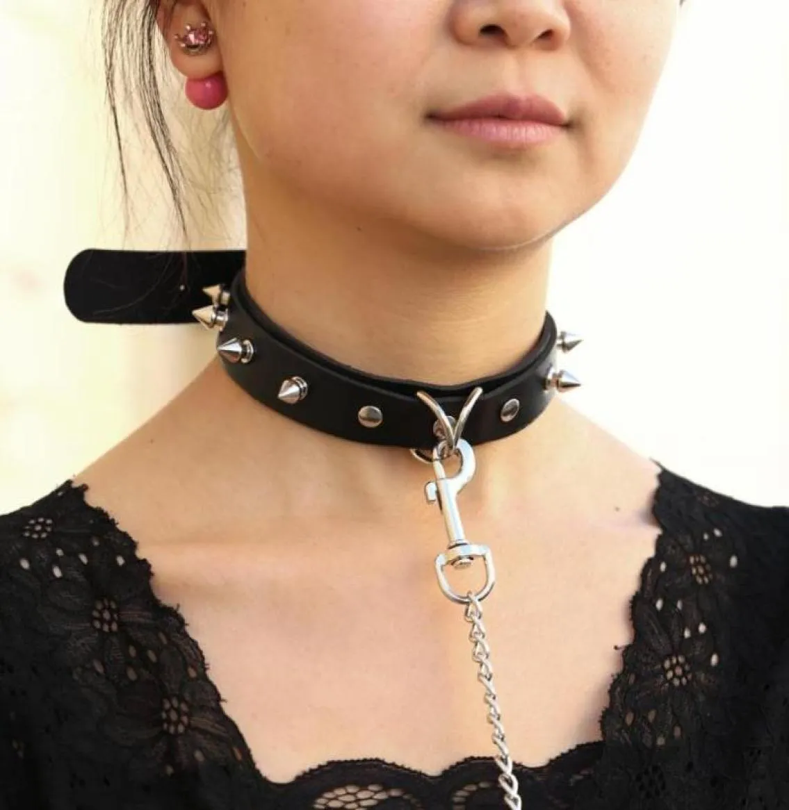 Chokers seksi perçin pu deri yaka kurşun zinciri çekme halat zil çan çan sıyırı slave kostüm bdsm esaret kolye boyun bandı seks punk goth6263424