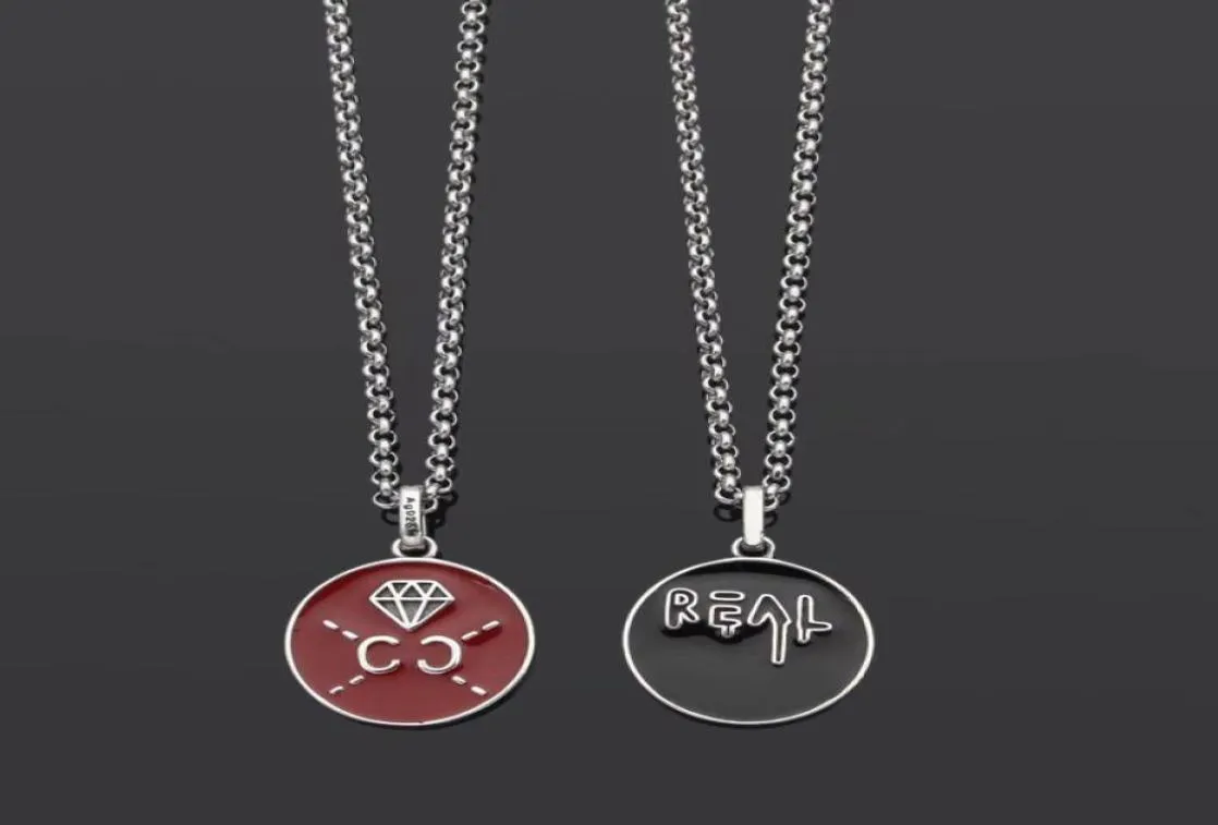 Europe America Retro Style Men Lady Women Brass Silver Plated Lovers Long Necklace With Black Red Enamel Engraved Pattern Letter R7183888