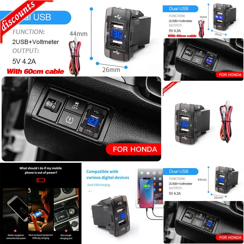 Ny annan Auto Electronics 4.2A Dual Port Toma Fast Phone 12V 24V-laddare med LED-voltmeterbil USB Inbyggd socketadapterladdare för Honda CRV CB500X