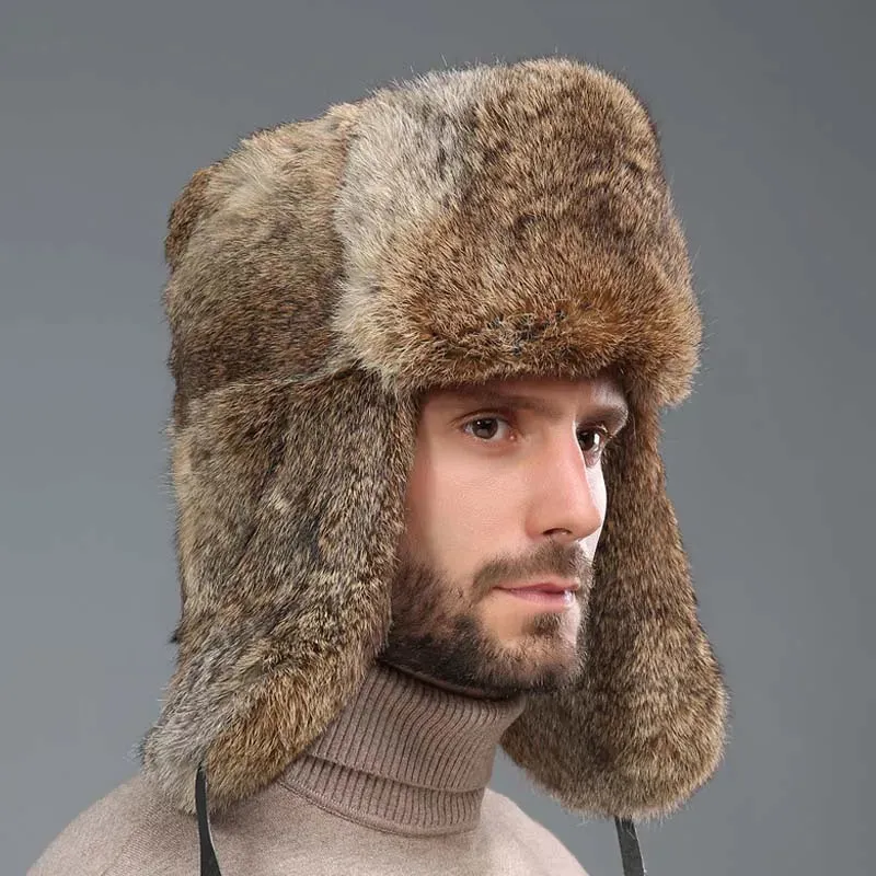 Sombreros de trampero Bombardero al aire libre de invierno para hombres Piel de conejo natural Sombrero ruso Ushanka Earflap Hombre Grueso Cálido Gorros de esquí Gorro Ruso 231213