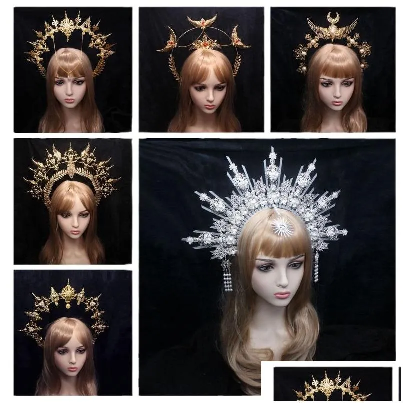 Akcesoria do włosów ręcznie robione opaska na głowę Golden Mary Apollo Sun Halo Angel Bogini Gothic Crown Got Filigree for Bride Pos dh7sv