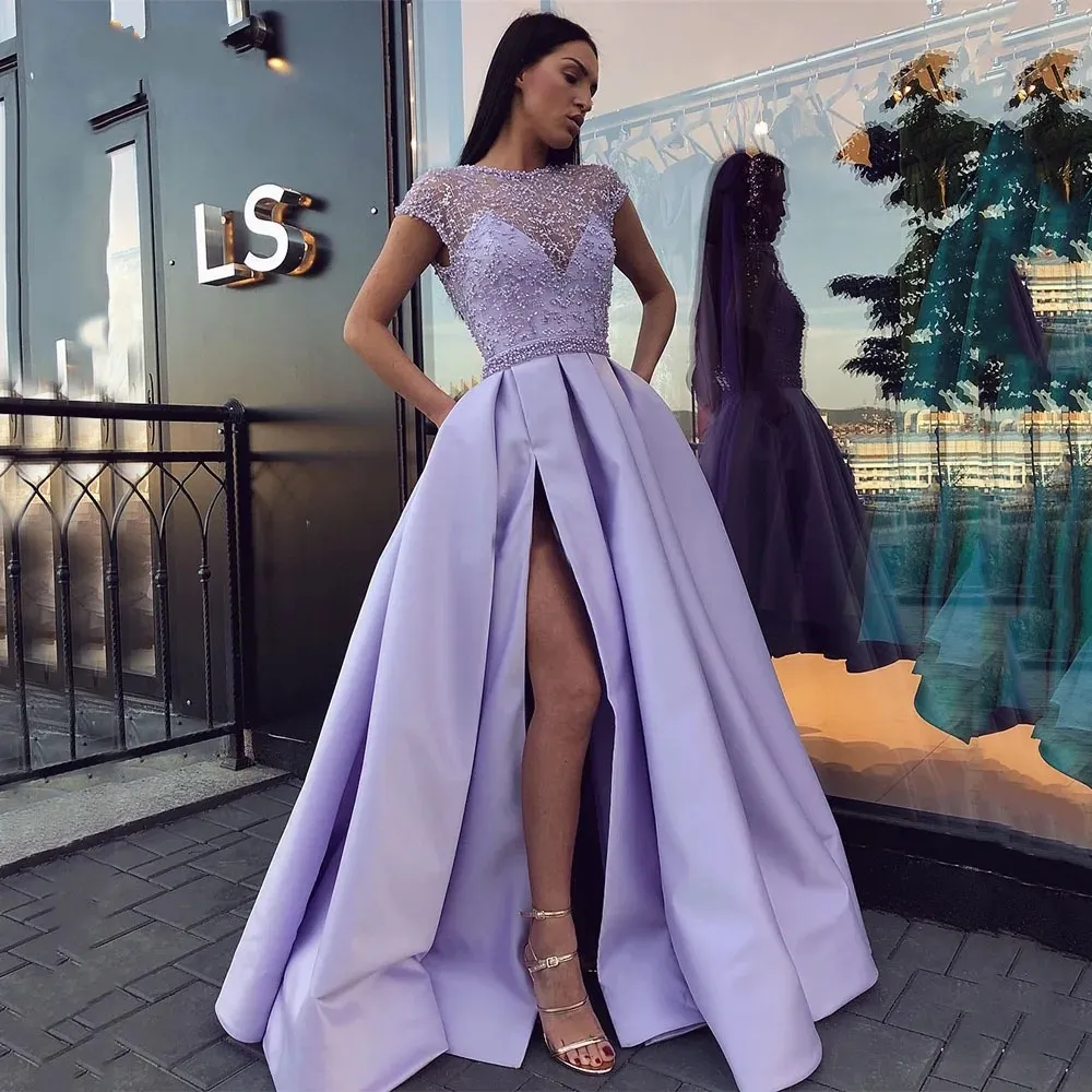 2024 NY LAVENDER PRINCESS Evening Party Dress Elegant Scoop Cap ärmar spetspärlor Silt a-line prom formella klänningar mantel de soiree