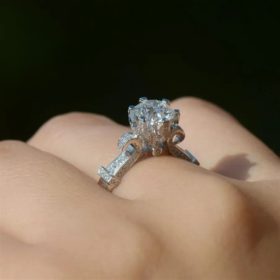 Anel de noivado com diamante cz incrustado, coroa de luxo, ouro branco 14kt, aliança de casamento, promessa de dedo para mulheres183r