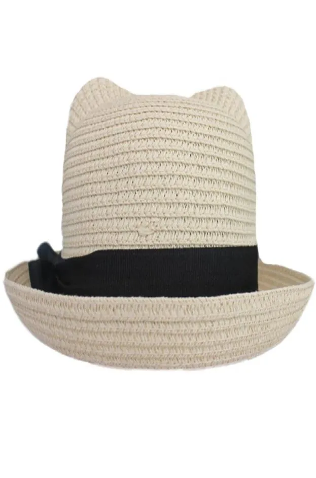 Women039s Girl039S Vintage Cat Ear Bowler Straw Hat Sun Summer Beach Rollup Bowknot Cap29891356291014