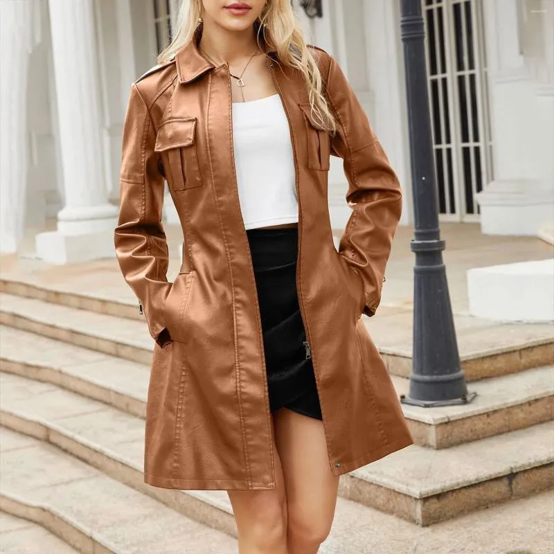 Trenchs de femmes automne cuir manteau à la mode avec ceinture fermeture éclair vestes à manches longues vintage coupe-vent élégant pour les femmes 2024