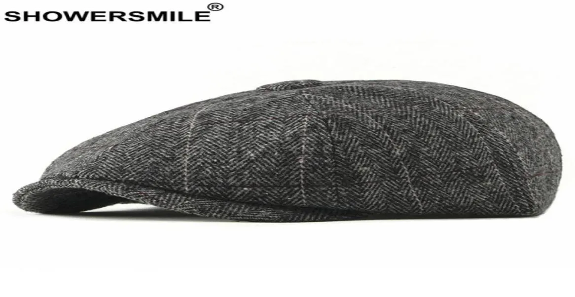 SHOWER Tweed Newsboy Cap Herren Wolle Herringbone Schiebermütze Winter grau gestreift männlich britischer Stil Gatsby Hut verstellbar20043856597920