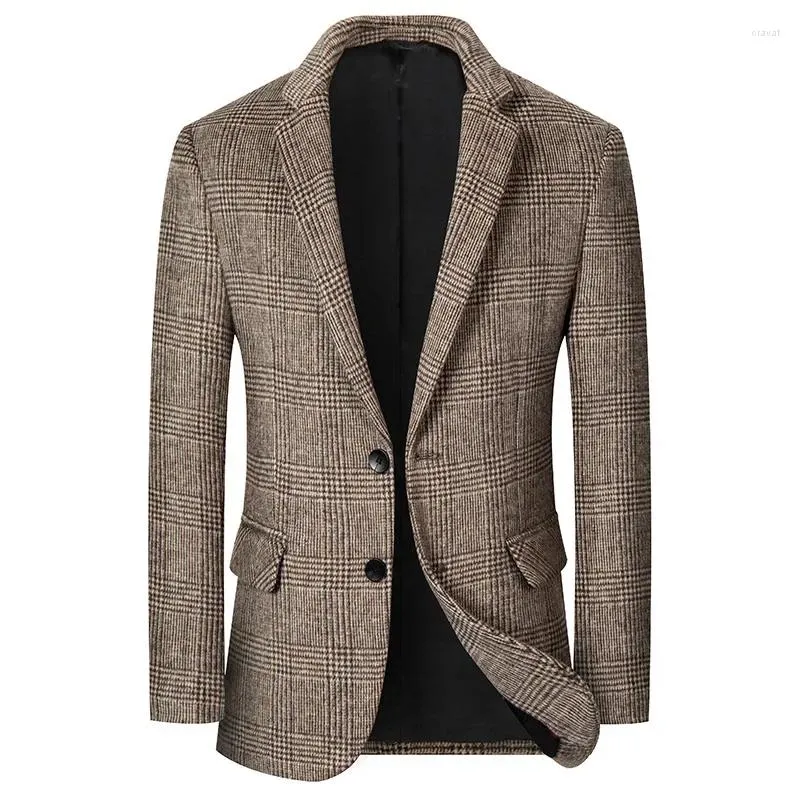 メンズスーツメンズビジネスカジュアル格子縞のブレザージャケットウールコートファッション男性カシミア高品質のスリム5